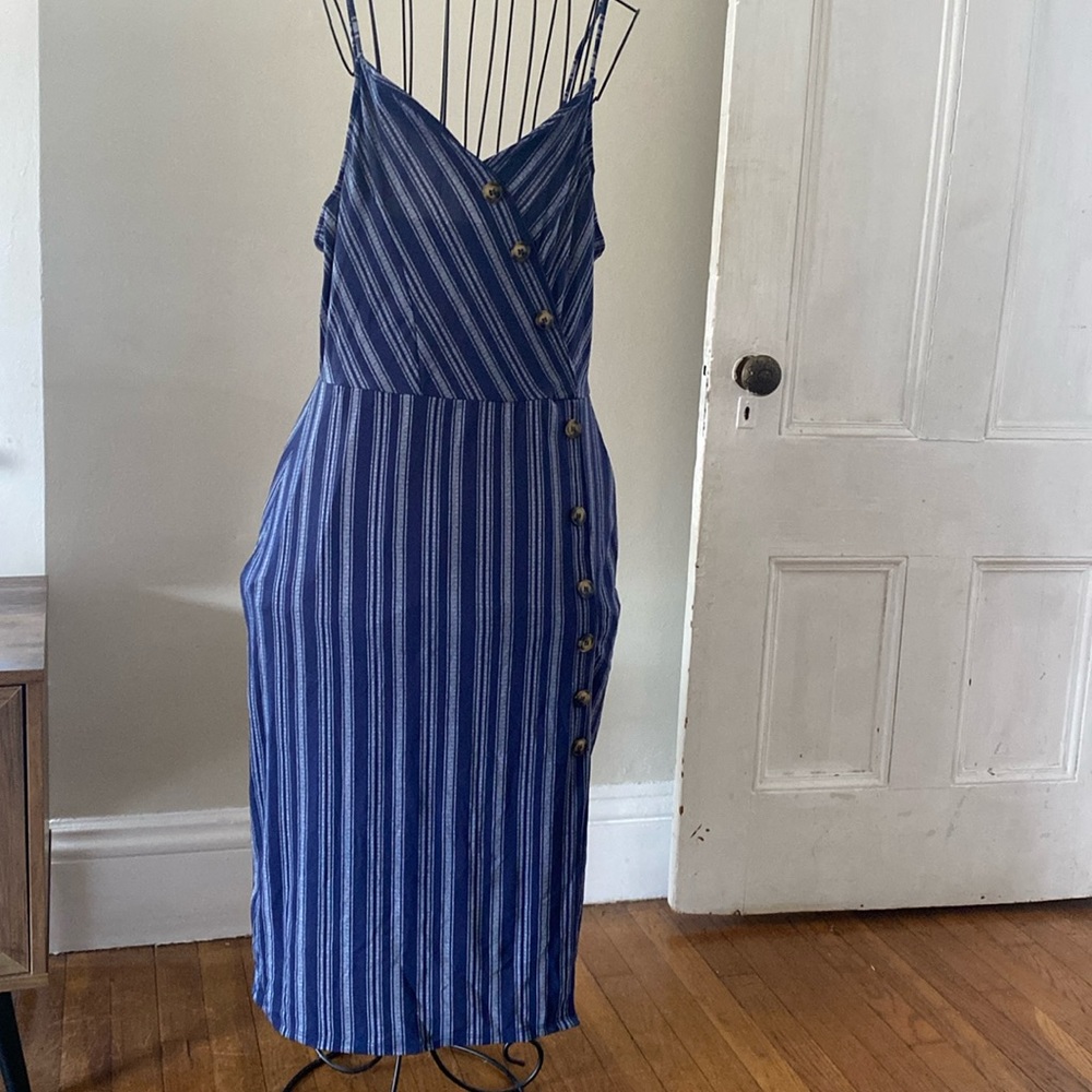 Blue striped wrap dress with button detailing